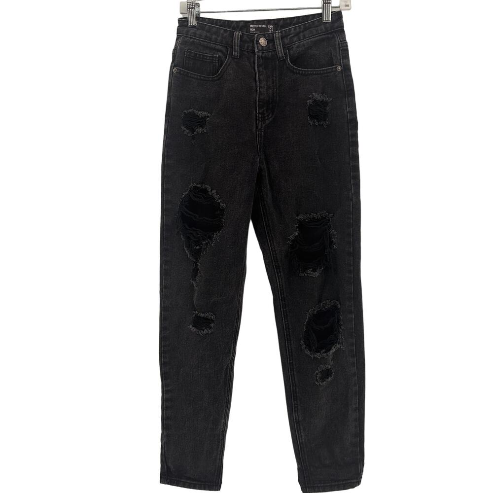 PrettyLittleThing Black Mom Jeans Distressed Holes Size 2